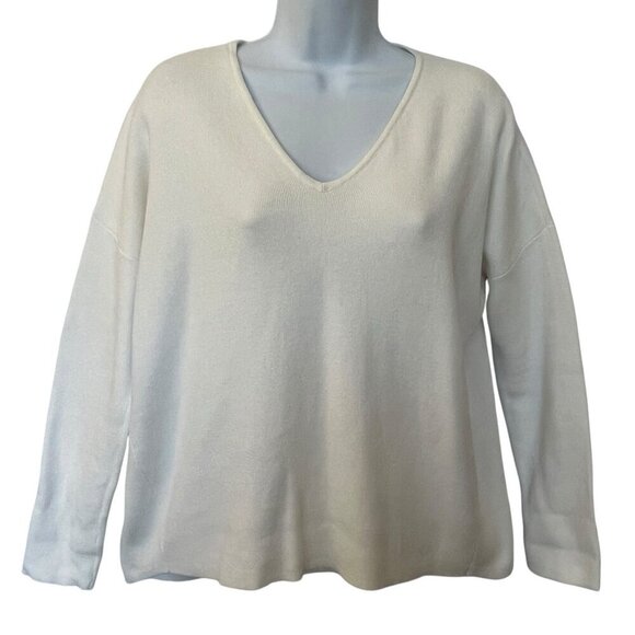 Eileen Fisher V-Neck Pullover Knit Sweater XXS White Organic Cotton Blend Boxy - Picture 1 of 10